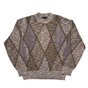 Vintage Saxony Leather Patchwork Sweater Mens‎ Medium Chunky Knit Geometric